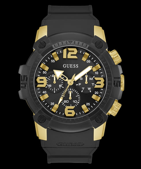 Guess Linebacker GW0911G3 Men’s 52 mm Quartz Chronograph – Black Dial, Gold-Tone Case, Silicone Strap, 5 ATM