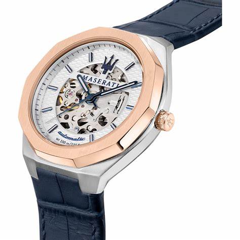 Maserati Stile Automatikuhr - R8821142001, Skelettiertes Zifferblatt, blaues Lederarmband, 42 mm