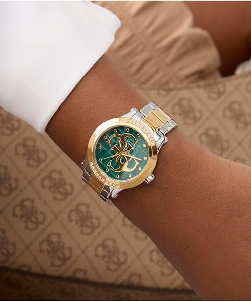 Guess Annette GW0861L4 Women’s 36 mm Two‑Tone Quartz Watch – Green Dial, Crystal Bezel, Recycled Steel