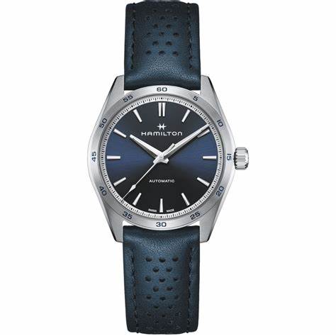 Montre Hommes Hamilton Jazzmaster Performer Auto H36215640 - Boîtier acier inoxydable 38mm, cadran bleu, bracelet cuir bleu