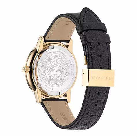 VERSACEVersace V - Tribute VE2P00222 Women's Swiss Quartz Watch - Gold - Tone Stainless Steel Case, Black Leather Strap, 36mmWATCHESEcecile