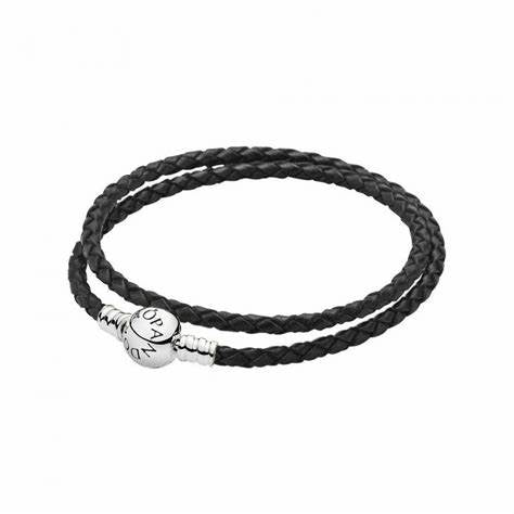 PANDORAPandora 590745CBK - D1 Double Black Leather Bracelet – Sterling Silver Clasp, 35cmBIJOUXEcecile
