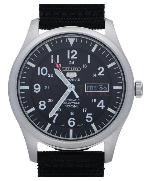 Seiko 5 Sports SNZG15K1 Automatische Herrenuhr - Schwarzes Zifferblatt, Nylonarmband, 100M Wasserdichtigkeit