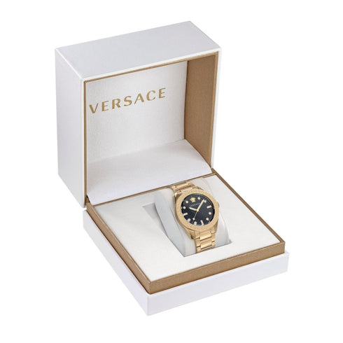 Versace Greca Dome VE2T00522 Herrenuhr - Goldfarbener Edelstahl, schwarzes Zifferblatt, 42 mm