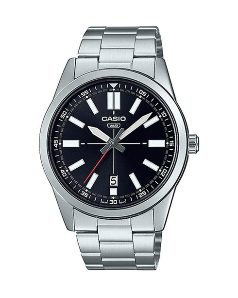 CASIO & VINTAGECasio MTP - VD02D - 1EUDF Men's Analog Watch - Stainless Steel, Black Dial, Date DisplayWATCHESEcecile
