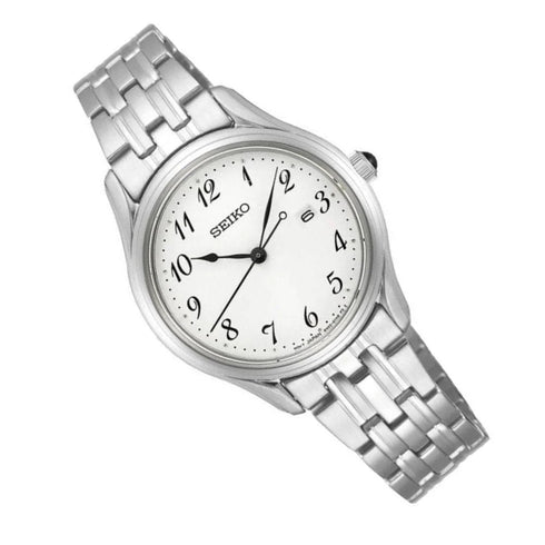Seiko SUR643P1 Reloj cuarzo mujer - Esfera blanca, Indicación fecha, Brazalete acero