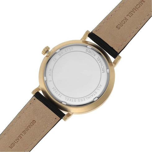 Michael Kors MK8737 Herrenuhr aus goldfarbenem Edelstahl, schwarzes Lederarmband, 42 mm