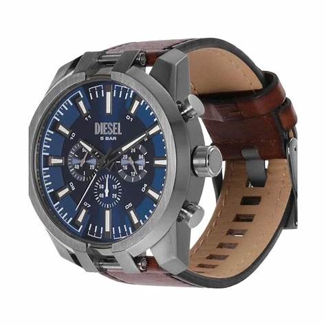 Diesel DZ4643 Cronografo Split Uomo - Quadrante blu, cinturino in pelle marrone