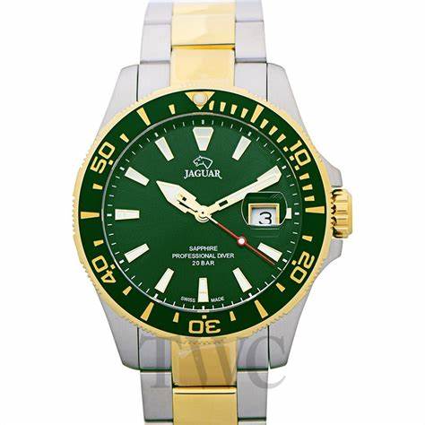 Montre de plongée suisse à quartz pour hommes Jaguar - Modèle J863/B, acier bicolore, cadran vert