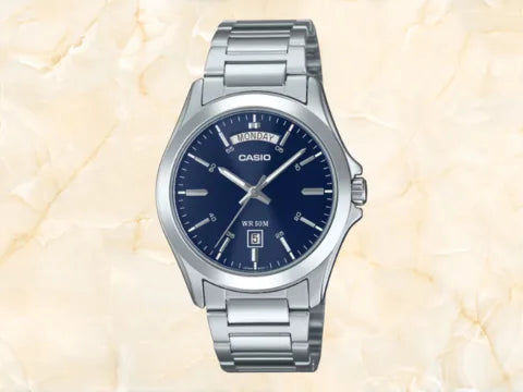 Reloj Casio MTP-1370D-2A2VDF para hombre, de acero inoxidable, con esfera azul y día y fecha