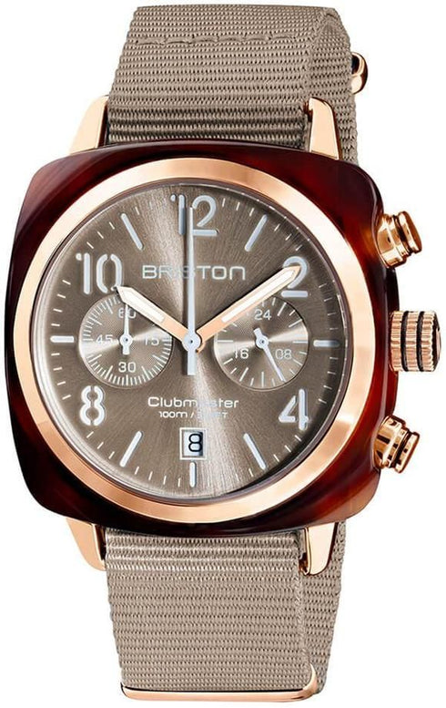 BRISTONBriston Clubmaster Classic Chronograph 40mm Gold Acetate Grey Dial Grey NATO Strap 19140.PYA.T.30.NTWATCHESEcecile