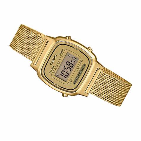 : Casio LA-670WEMY-9E Reloj digital para mujer - Correa de malla dorada, estilo vintage