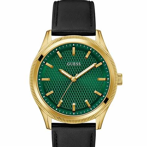 Guess Dex GW0846G1 Men's 44 mm Analog Watch – Gold-Tone Case, Green Textured Dial, Black Leather Strap