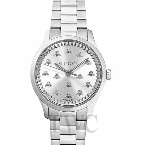 Montre Gucci G-Timeless YA1265031 pour femme - cadran argenté avec motif abeille, bracelet en acier inoxydable