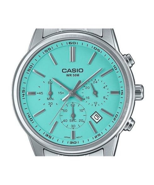 CASIO & VINTAGECasio MTP - E515D - 2A2VDF Men's Chronograph Watch - Stainless Steel, Turquoise Dial, 50M Water ResistanceWATCHESEcecile
