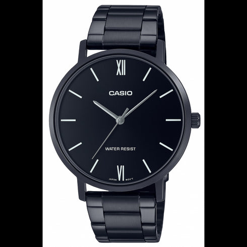 Casio MTP-VT01B-1BUDF Men's Analog Watch - Black Stainless Steel Band, Black Dial