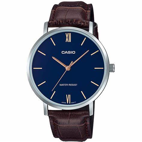CASIO & VINTAGECasio MTP - VT01L - 2BUDF Men's Watch - Blue Dial, Brown Leather BandWATCHESEcecile