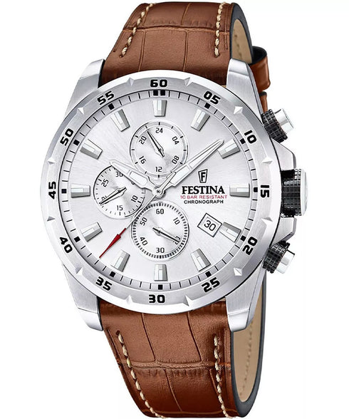 Festina Timeless Chronograph F20692/1 – 45 mm Silver Dial, Brown Leather Strap