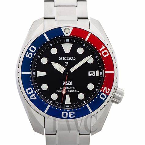 Seiko Prospex SPB181J1 Reloj de buceo automático para hombre - Edición especial PADI, esfera negra, bisel Pepsi, brazalete de acero inoxidable