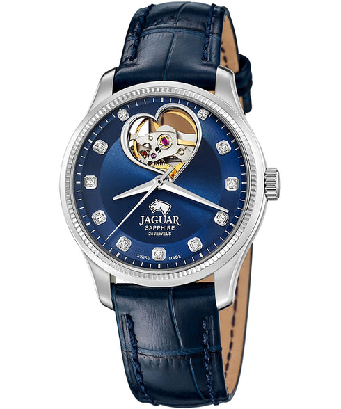 Jaguar Classic Open Heart Automatic J994/B Damenuhr - Edelstahlgehäuse, blaues Zifferblatt, Lederarmband