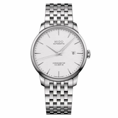 Mido Baroncelli Chronometer Silicon M027.408.11.031.00 Montre automatique pour hommes - Cadran argenté, bracelet en acier inoxydable