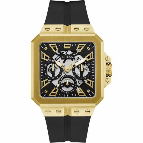 Guess LEO GW0637G2 Men's 42 mm Multi‑Function Watch – Gold‑Tone Square Case, Black Dial, Silicone Strap