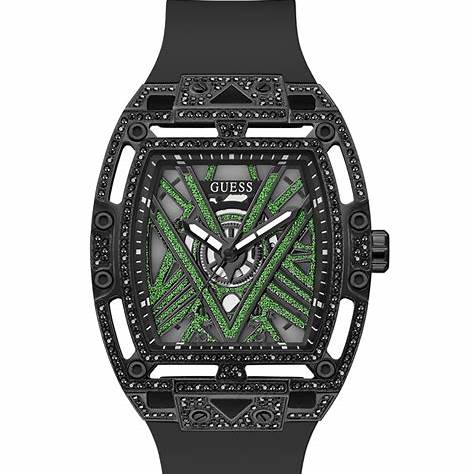 Guess Legend GW0564G2 Men's 44 mm Quartz Watch – Black Case, Translucent Green‑Inlay Dial, Silicone Strap