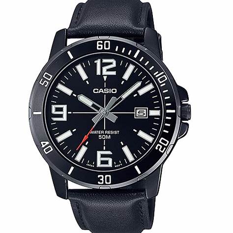 CASIO & VINTAGECasio MTP - VD01BL - 1BVUDF Men's Watch - Black Dial, Leather StrapWATCHESEcecile