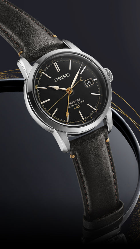 Seiko Presage SPB447J1 Orologio automatico GMT con quadrante laccato Urushi - Quadrante nero, cinturino in pelle nera