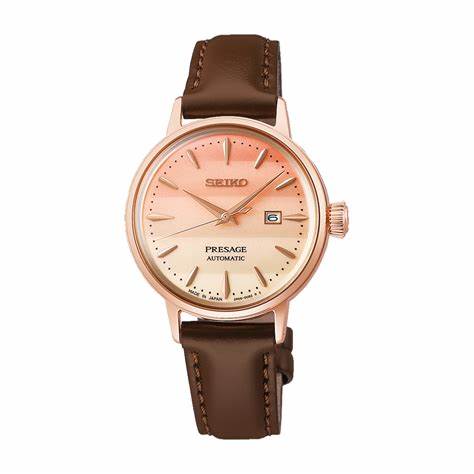 Seiko Presage SRE014J1 Reloj Automático Mujer - Esfera rosa, correa de piel marrón