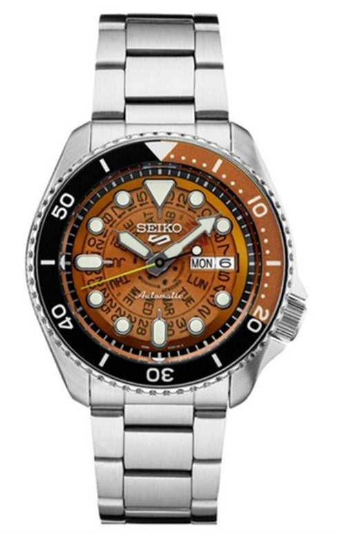 Seiko 5 Sports SRPJ47K1 'Time Sonar' Automatikuhr - 42,5 mm Edelstahl, transparentes Zifferblatt in Orange