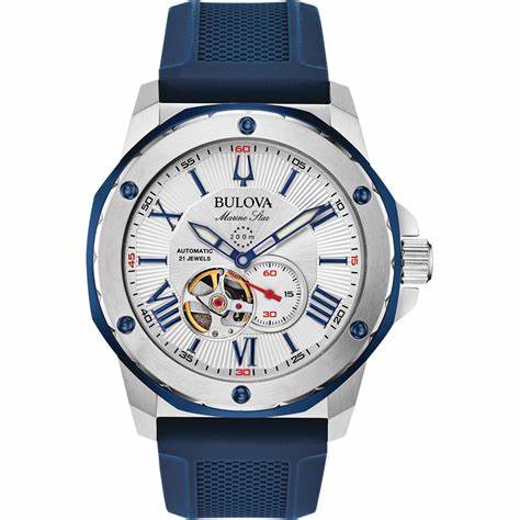 Reloj automático para hombre Bulova Marine Star 98A225 - Esfera blanca plateada, correa de silicona azul