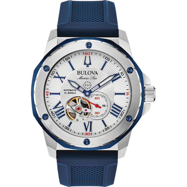 Bulova Marine Star 98A225 Herren-Automatikuhr - silbernes weißes Zifferblatt, blaues Silikonarmband
