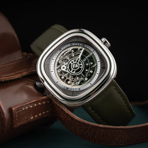 SEVENFRIDAY T1/06 “Green T” – 45 mm Steel Cushion Case, Gradient Green Dial