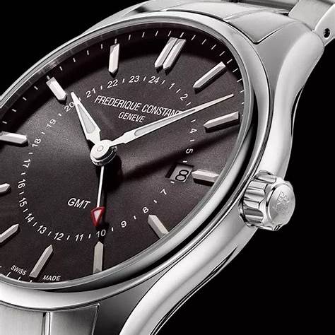 Montre Homme Frederique Constant Classics Quartz GMT FC-252DGS5B6B - Cadran gris foncé, bracelet en acier inoxydable