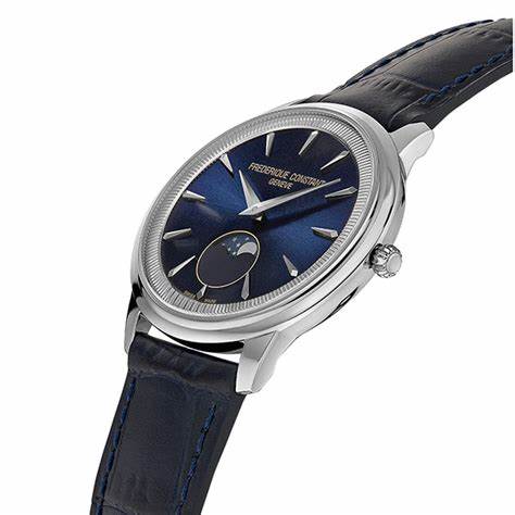 Frederique Constant Classics Moneta Moonphase FC-206N3S6 Montre Homme - Cadran bleu, boîtier acier, bracelet cuir bleu