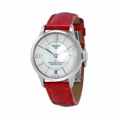 TISSOTTissot Chemin des Tourelles Powermatic 80 Lady Watch - Mother - of - Pearl Dial, Red Leather StrapWATCHESEcecile