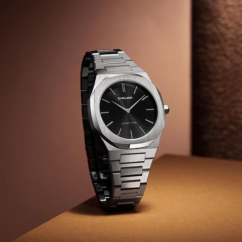 D1 Milano Ultra Thin Silver Night UTBL05 Damenuhr - Silberner Edelstahl, schwarzes Zifferblatt, 34mm