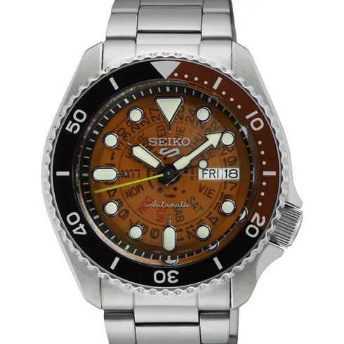 Seiko 5 Sports SRPJ47K1 'Time Sonar' Automatikuhr - 42,5 mm Edelstahl, transparentes Zifferblatt in Orange