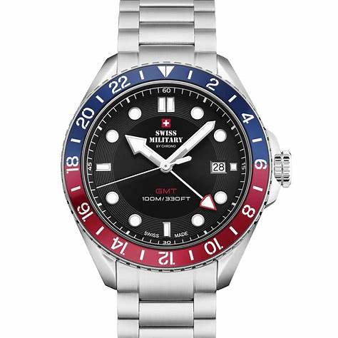 SWISS MILITARYSwiss Military SM34095.01 Men's GMT Quartz Watch - Stainless Steel with Black DialWATCHESEcecile