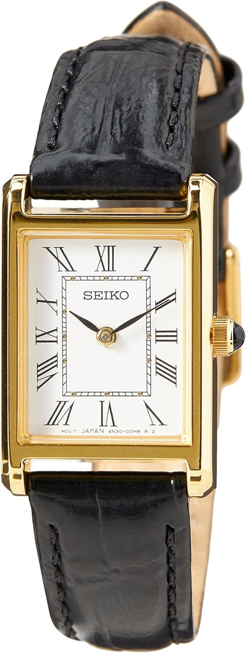 SEIKOSeiko SWR054P1 Women's Rectangular Gold - Tone Watch with Black Leather StrapWATCHESEcecile