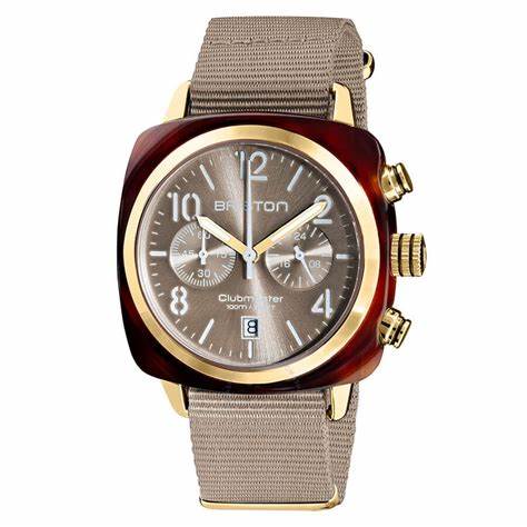 BRISTONBriston Clubmaster Classic Chronograph 40mm Gold Acetate Grey Dial Grey NATO Strap 19140.PYA.T.30.NTWATCHESEcecile