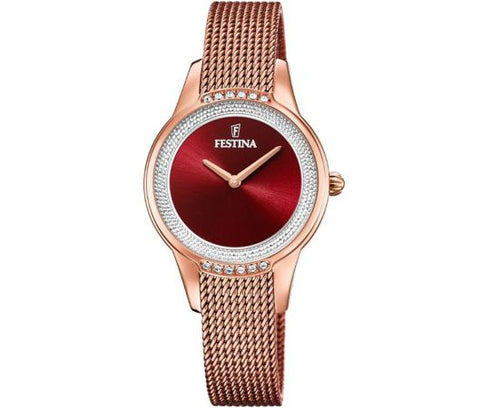 Festina Mademoiselle F20496/1 Women’s 30 mm Quartz Watch – Rose‑Gold Mesh Bracelet, Red Sunburst Dial, Swarovski Crystals