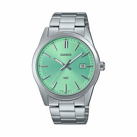 CASIO & VINTAGECasio MTP - VD03D - 3A2UDF Men's Analog Watch – Green Dial, Stainless Steel Band, Date DisplayWATCHESEcecile