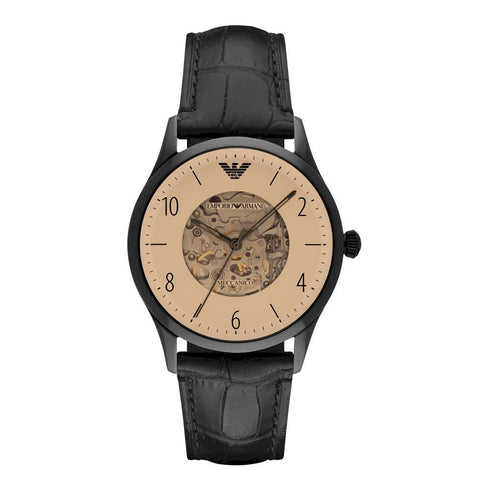 Orologio automatico Emporio Armani AR1923 - Quadrante scheletrato beige, cinturino in pelle nera