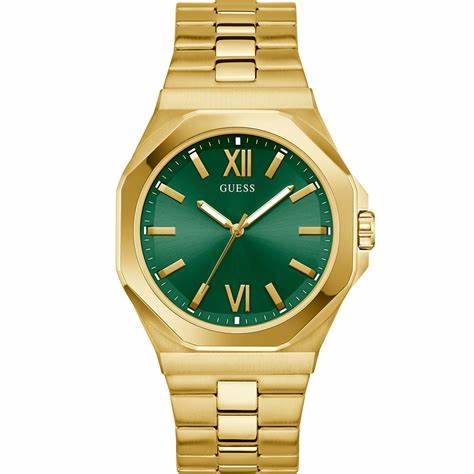 Guess Emperor GW0849G2 Men's 41.5 mm Gold‑Tone Quartz Watch – Green Sunray Dial, Stainless Steel Bracelet, 50 m Water‑Resistant
