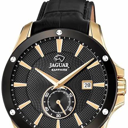 JAGUARJaguar Men's Swiss Quartz Watch - Model J881/1, Gold - Tone Stainless Steel Case, Black Dial, Leather StrapWATCHESEcecile