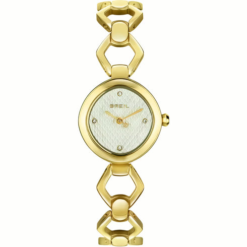 Breil Flake TW2028 Damen Quarzuhr - Weißes Guillochiertes Zifferblatt, Goldfarbenes Edelstahlarmband