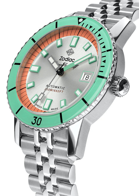 ZODIACZodiac Super Sea Wolf Compression ZO9269 Men's Automatic Watch - Silver and Orange Dial, Stainless Steel BraceletWATCHESEcecile