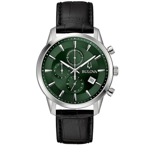 Bulova 96B413 Sutton Chronograph - Grünes Zifferblatt, Edelstahl, 41 mm, Lederarmband